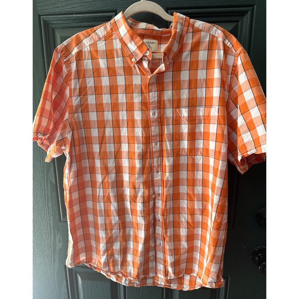 Old Navy | Men’s Button-Up Shirt | XL | Orange White Plaid | Short Sleeve
